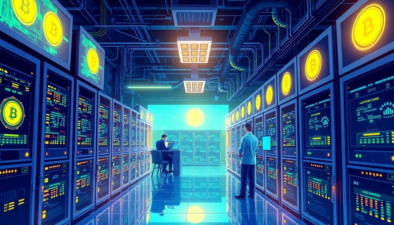 Illustrate Bitcoin mining operations with high-tech rigs and blockchain displays, showcasing a modern mining facility.