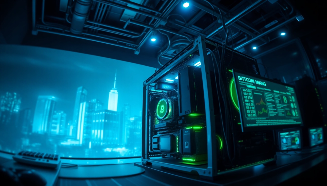 Engage with the intricate world of Bitcoin mining through a visually striking image of a high-tech mining rig.