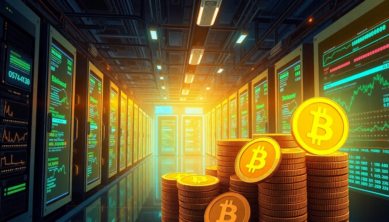 Experience the dynamic world of Bitcoin mining with an active high-tech facility showcasing mining rigs and cryptocurrency prices.