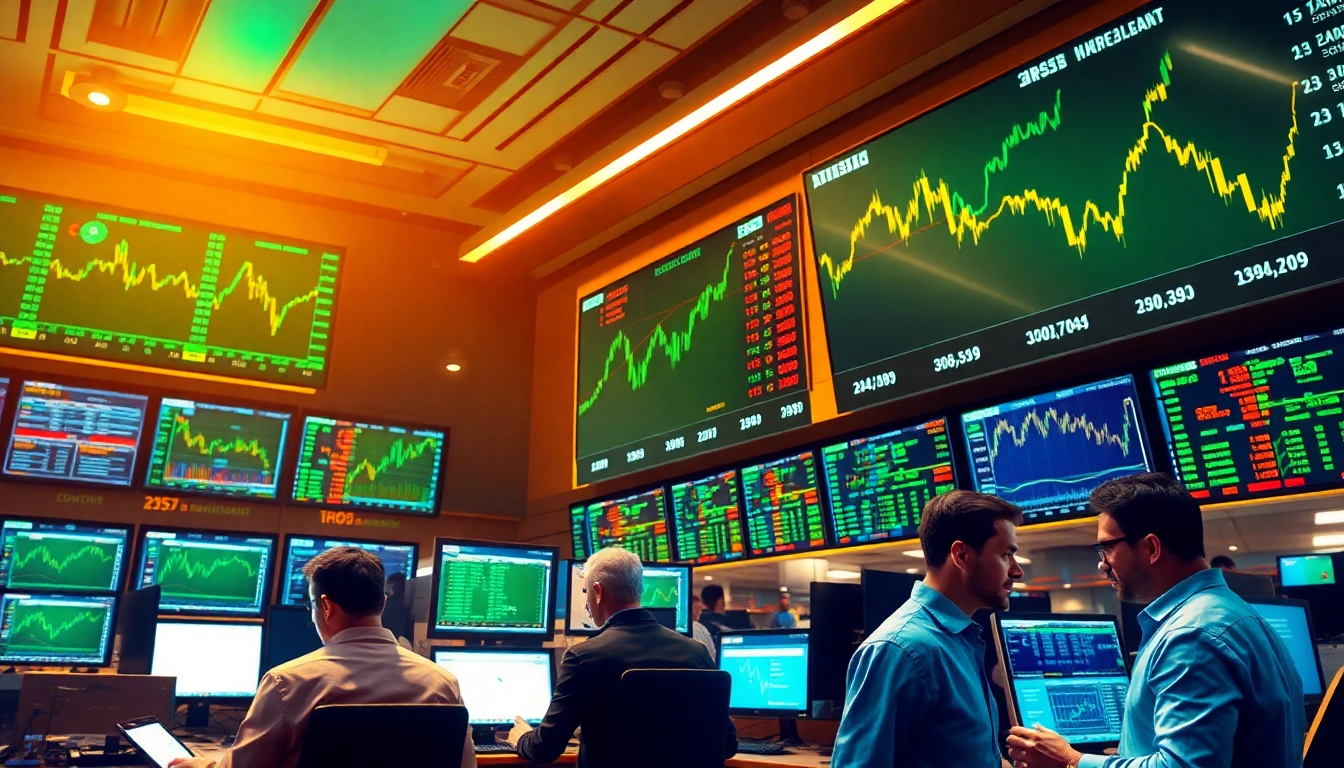 Experience lively tradings in a bustling trading floor with traders analyzing dynamic stock graphs.