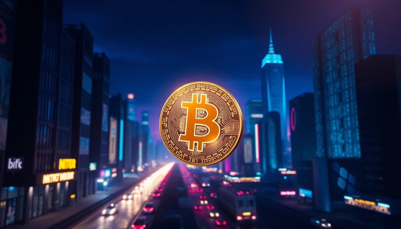 Visualize Bitcoin as a glowing digital coin in a futuristic marketplace, representing innovation in finance.