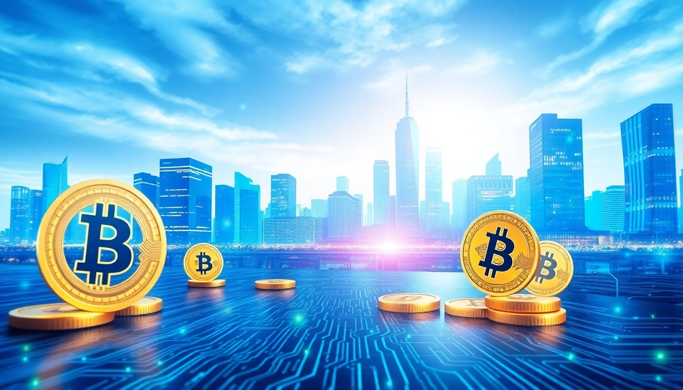 Explore the vibrant world of Crypto through a modern abstract cityscape filled with digital coins and blockchain symbols.