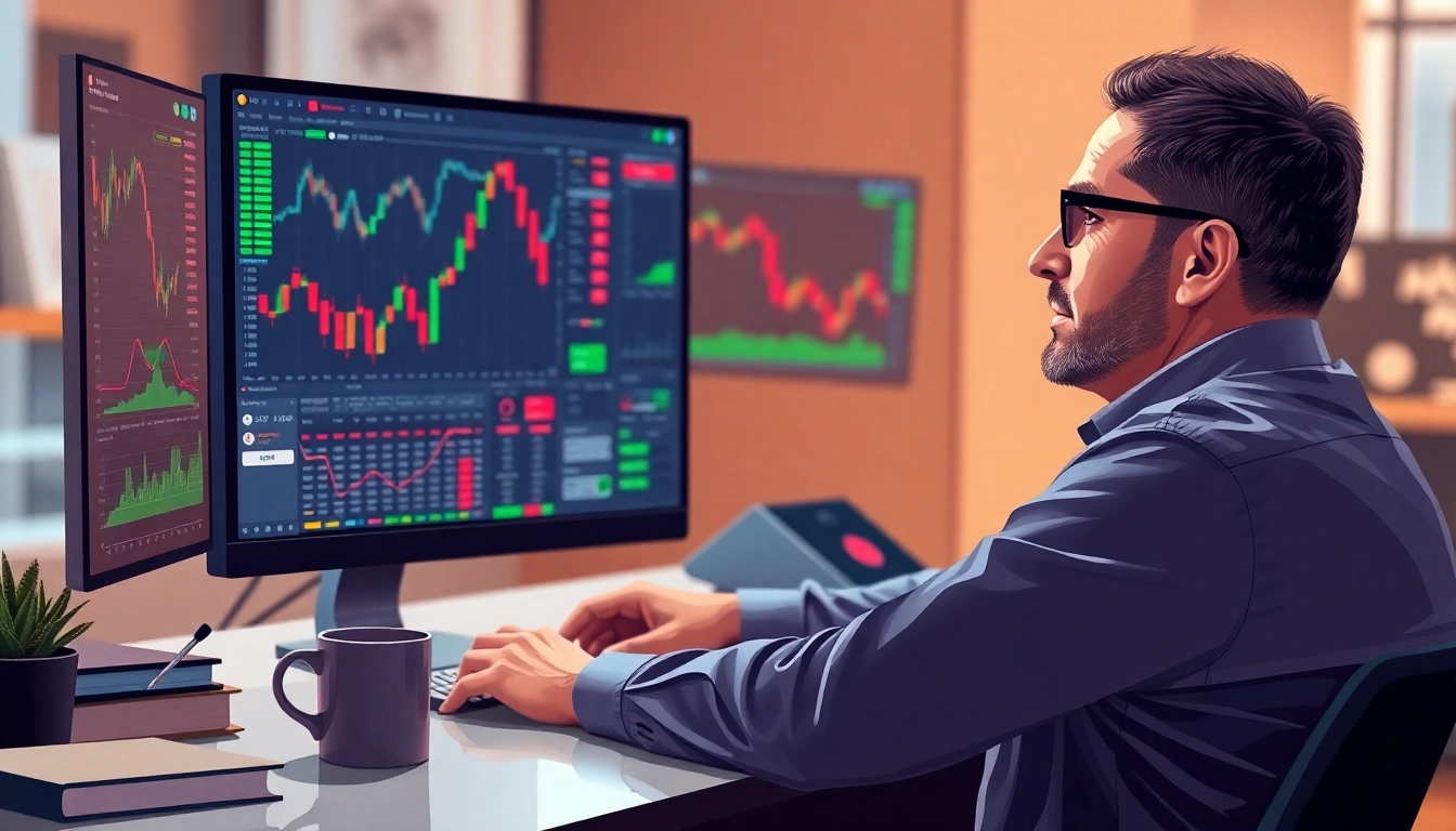 Engage in CFD trading as a focused trader analyzes market data on a computer screen.