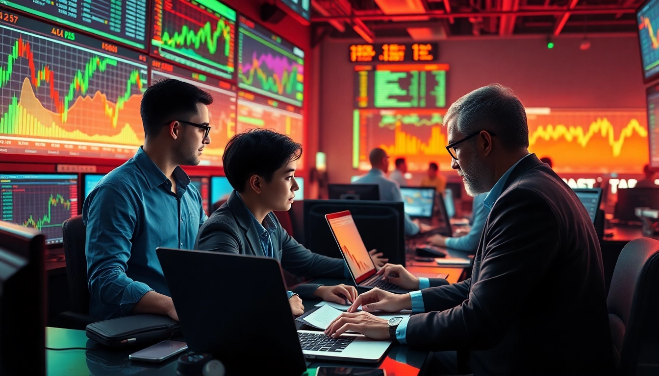 Engage with CFD trading by observing diverse traders analyzing vibrant charts and data in a dynamic trading environment.