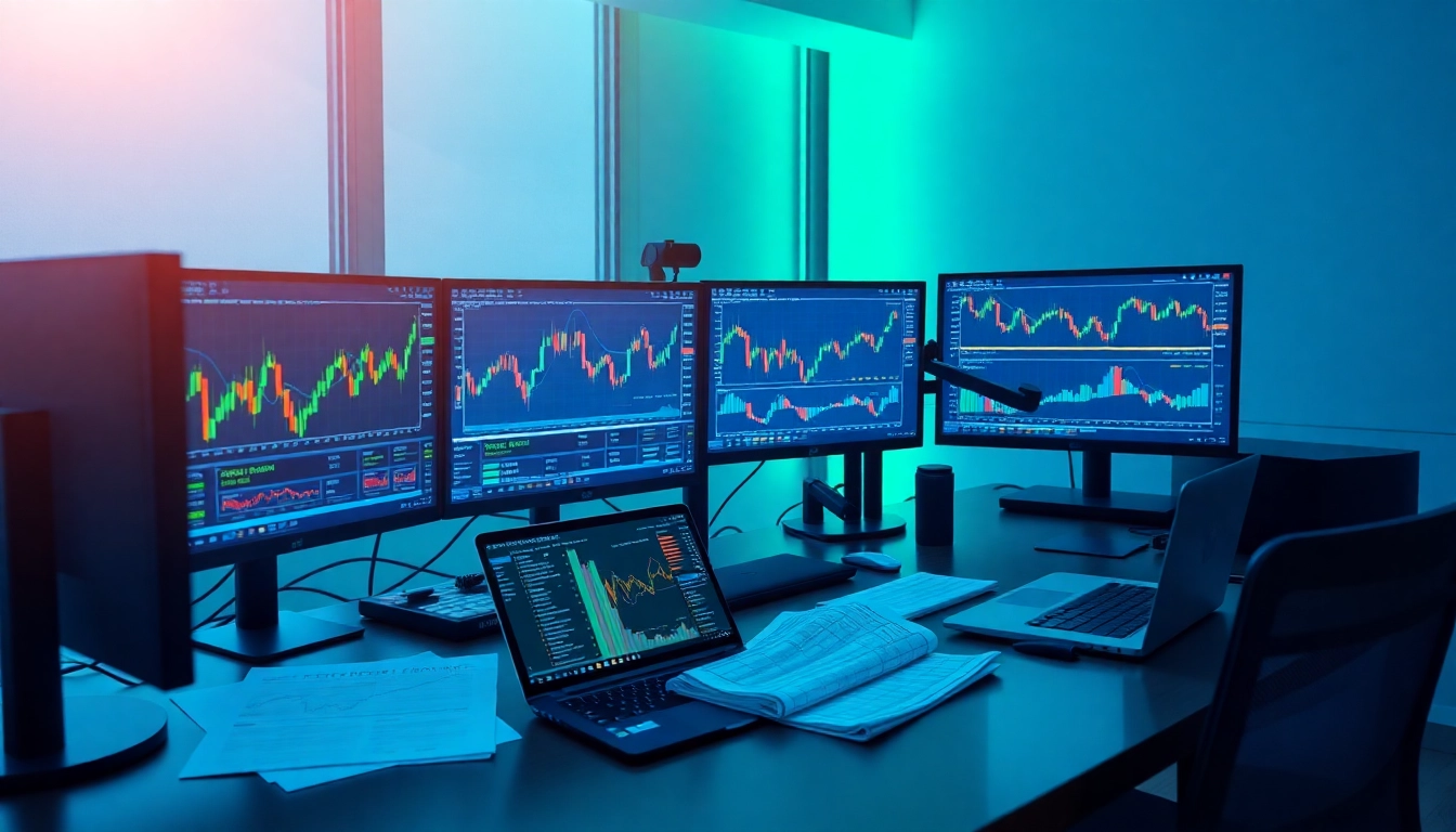 Explore CFD trading strategies with a dynamic trading desk showcasing live market charts and financial tools.
