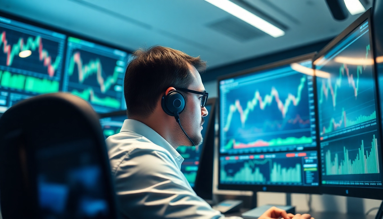 Explore cfd trading with a trader analyzing multiple screens displaying market data in a modern office environment.