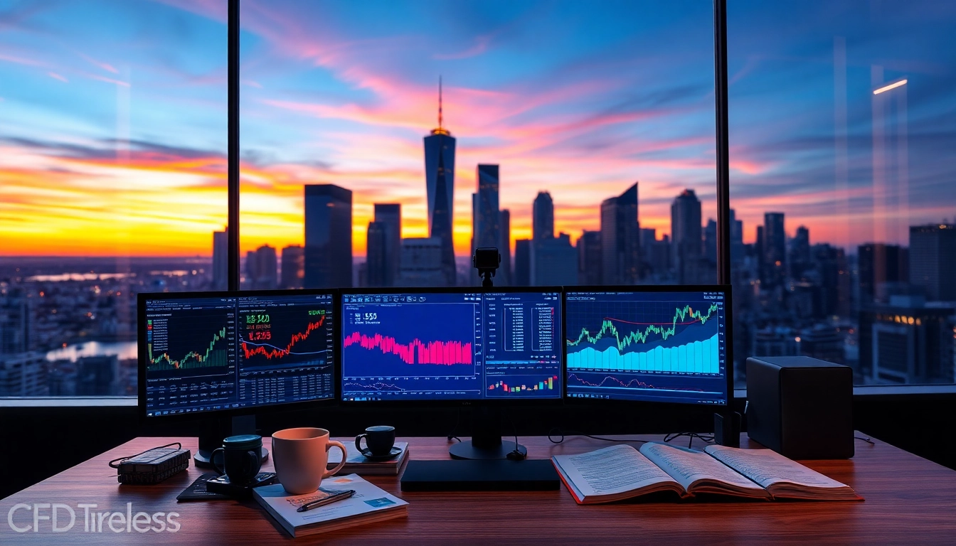 Engage in dynamic cfd trading at a modern trading desk with vibrant city skyline.