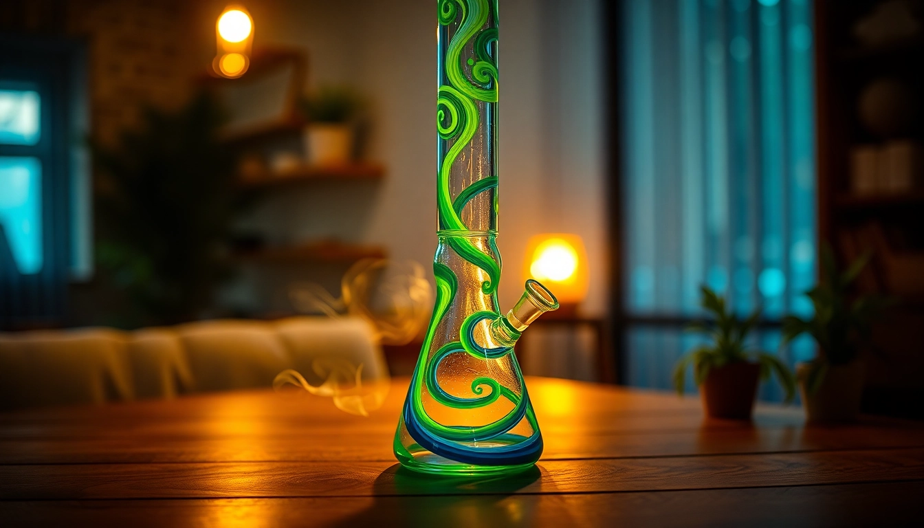 Discover a stunning glass bong highlighted on a wooden table, accentuated by warm lighting and surrounded by soothing natural elements.